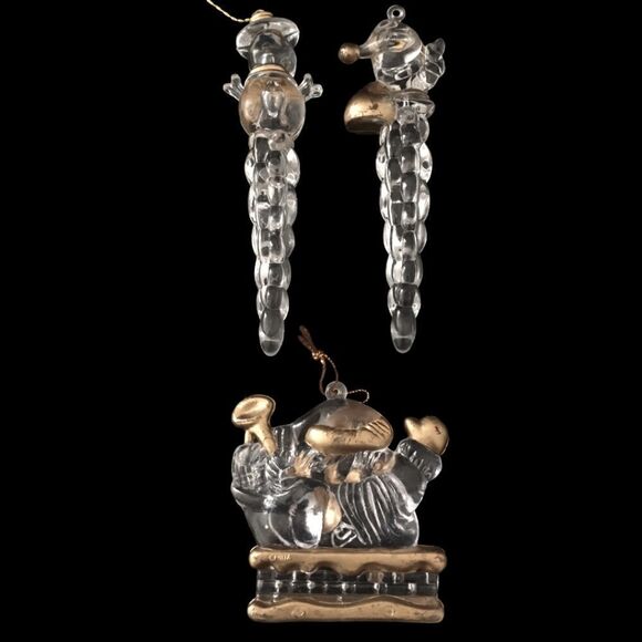 Acrylic Icicle Ornaments Lot x 3 Snowman Santa Claus Gold Trimmed Clear Lucite. - Picture 7 of 16